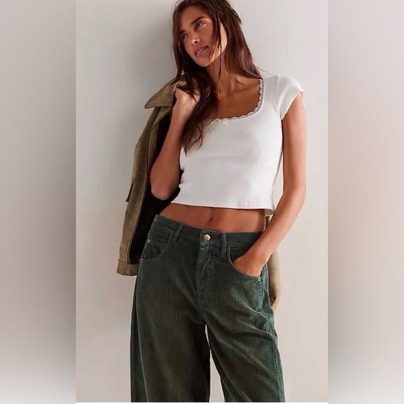 Free People We The Free Good Luck Mid-Rise Cord Barrel Jeans. NWT. Cypress - Picture 7 of 7